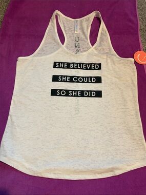 NWT! Women’s White Motivational Racerback Tank Top - She Believed/Unstoppable!